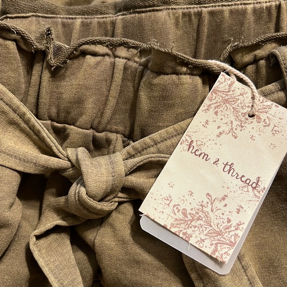 🆕Olive Green French Terry Paperbag Waist Tie High Waist Wide Leg Pants S,M & L - Picture 10 of 16